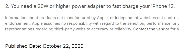 “Bạn sẽ cần một củ sạc 20W hoặc cao hơn để sạc nhanh cho iPhone 12” là lưu ý của Apple trong một tài liệu mới đây