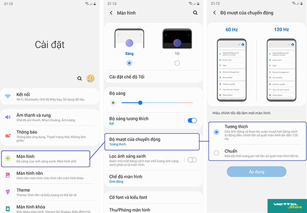 Để chủ động thay đổi tần số quét ở dạng Tương thích hoặc Chuẩn, bạn hãy vào phần Cài đặt > Màn hình > Độ mượt của chuyển động