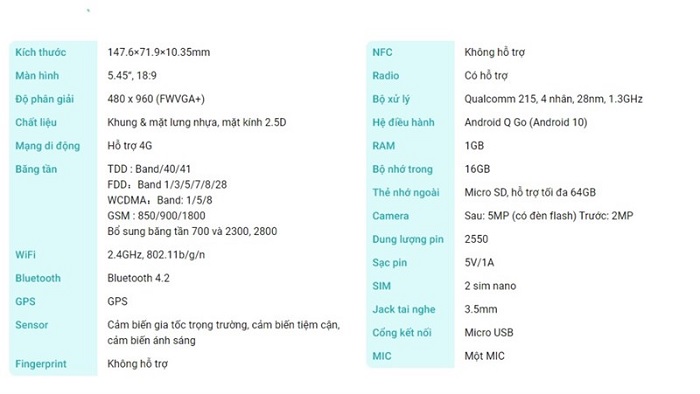 Thông số cấu hình Vsmart Bee Lite