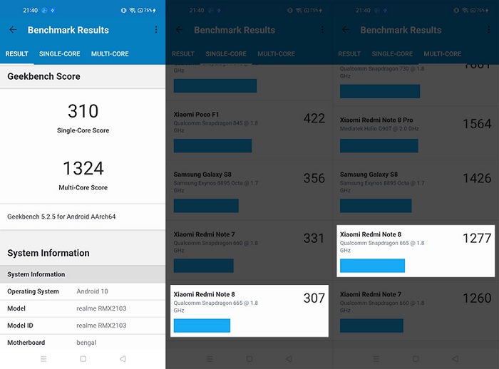 Điểm số hiệu năng của Realme 7i được đo bằng phần mềm Geekbench