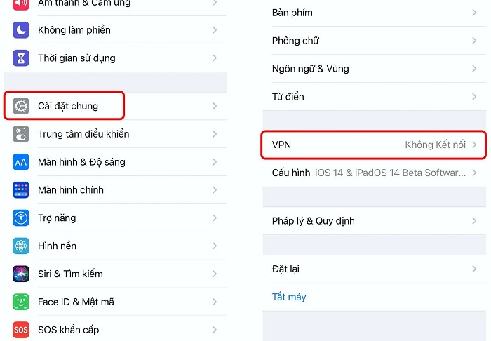 Vào Cài đặt -> chọn cài đặt chung -> VPN -> gạt nút tắt