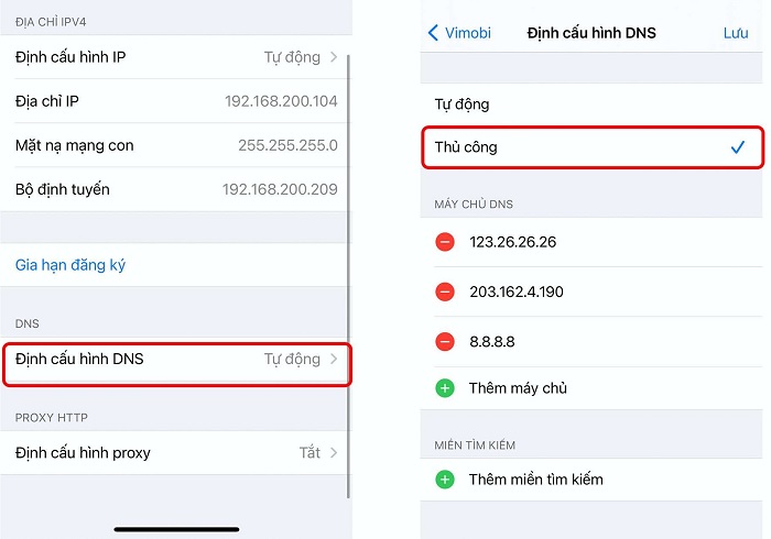 Chọn vào chữ “i” trên wifi đang kết nối -> chọn “Định cấu hình DNS” -> chuyển sang thủ công và nhập DNS tương ứng