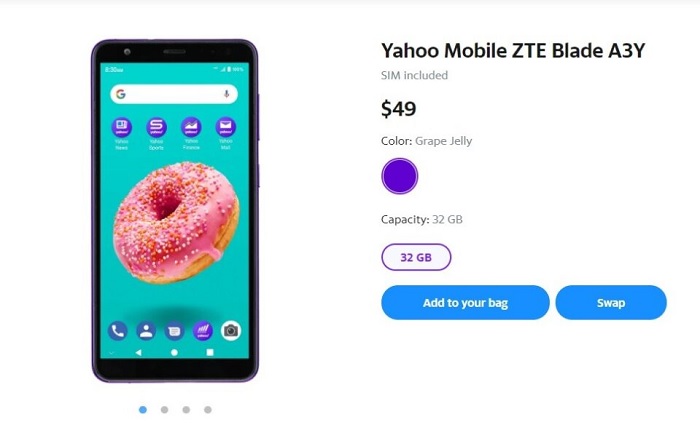 Yahoo Mobile ZTE Blade A3Y được bán với giá 49$