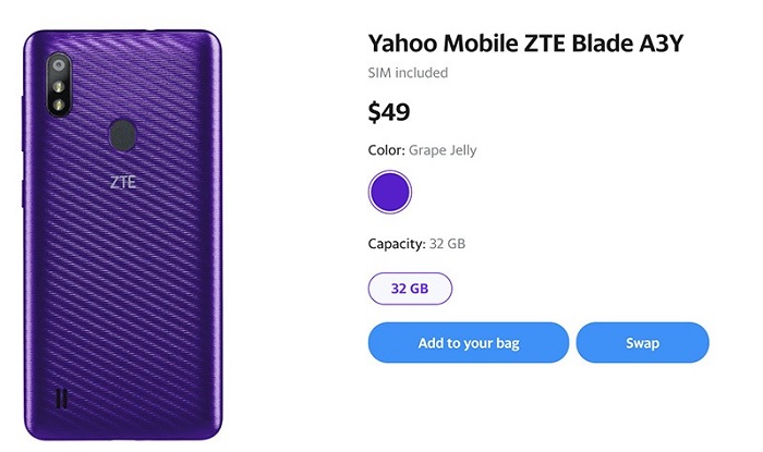 Mặt sau của Yahoo Mobile ZTE Blade A3Y