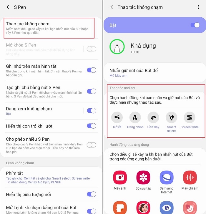 Vào Cài đặt -> chọn tính năng nâng cao -> chọn S-pen -> bật thao tác không chạm