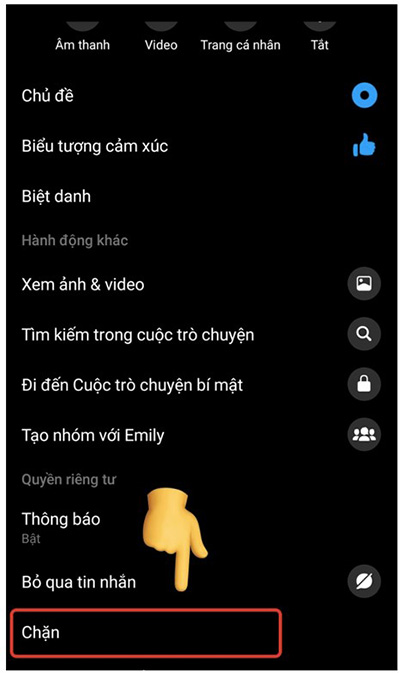 Tiếp tục ấn vào mục Chặn