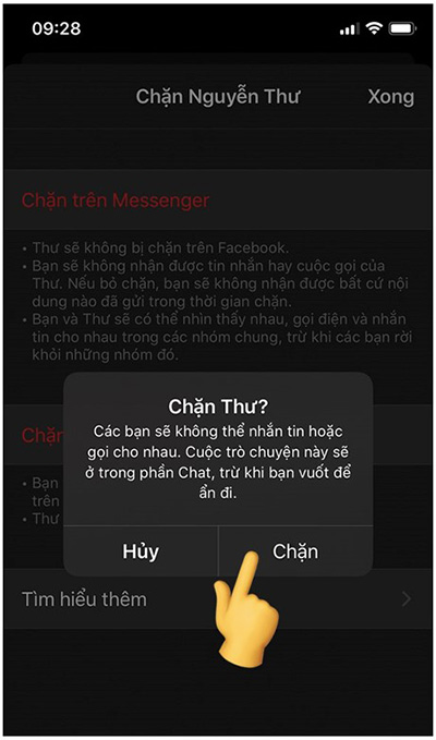 Xác nhận Chặn để hoàn tất quá trình chặn