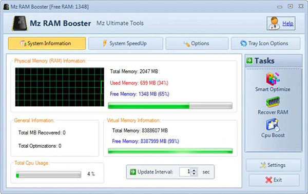 Phần mềm giải phóng RAM máy tính Mz RAM Booster (Windows)