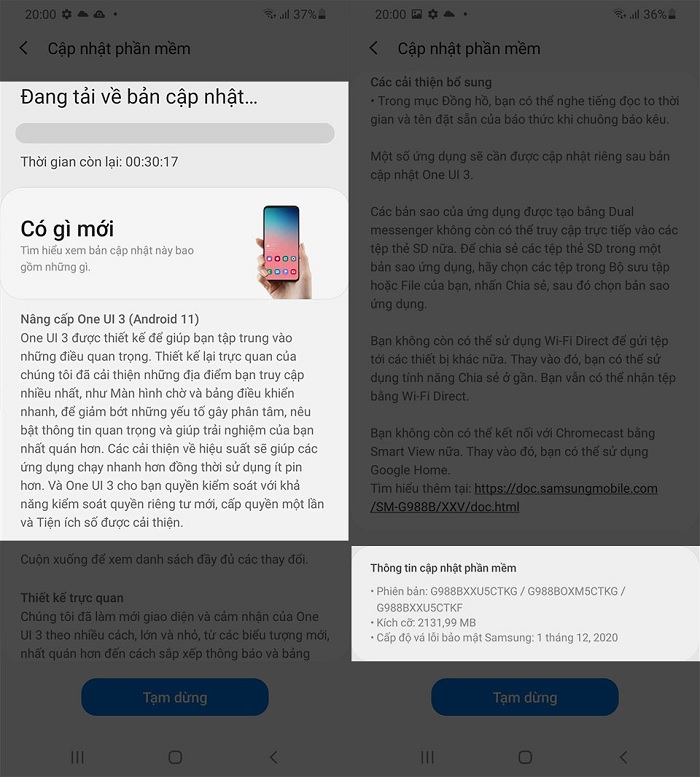 Cập nhật OneUI 3.0 cho Galaxy S20 Ultra