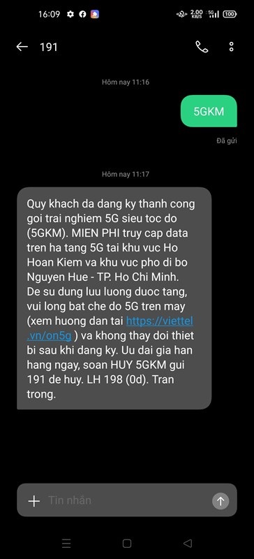 Gửi tin nhắn đăng ký 5G Viettel