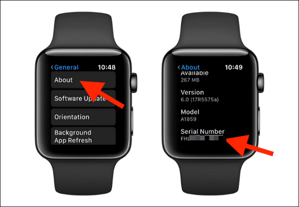 Kiểm tra serial, iMei trên Apple Watch trong phần giới thiệu