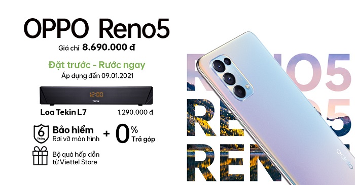 OPPO Reno5 có giá bán chính thức là 8.690.000 đồng cùng ưu đãi hấp dẫn khi đặt trước