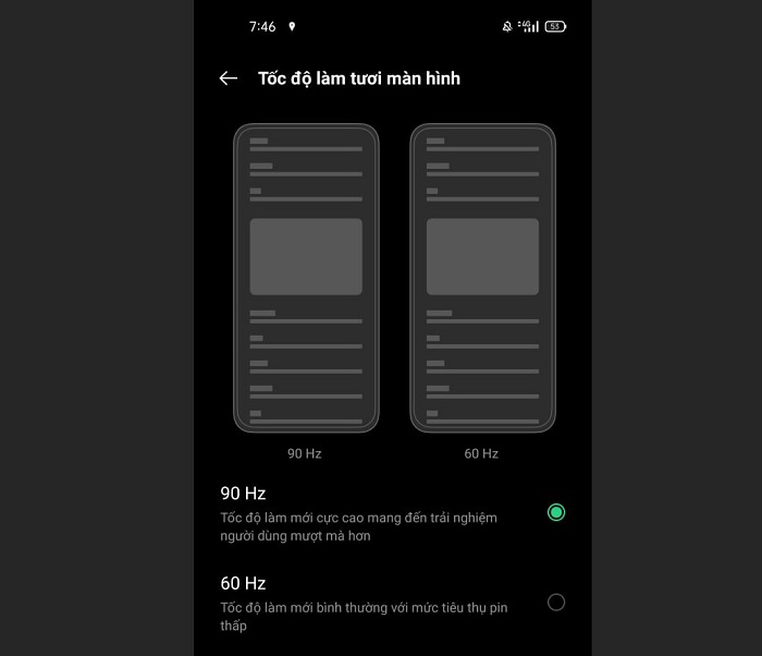 OPPO Reno5 có hai chế độ màn hình 90Hz và 60Hz