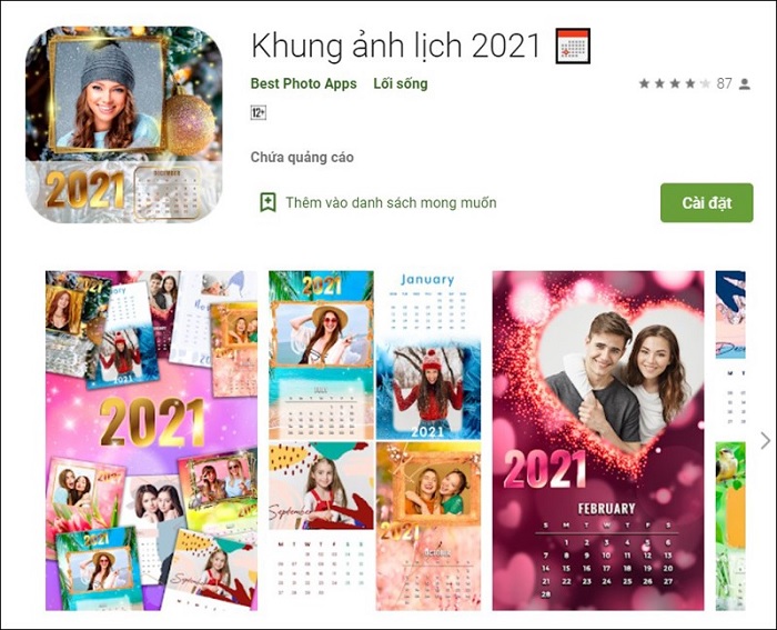 Giao diện khi mở ứng dụng tạo lịch năm 2021