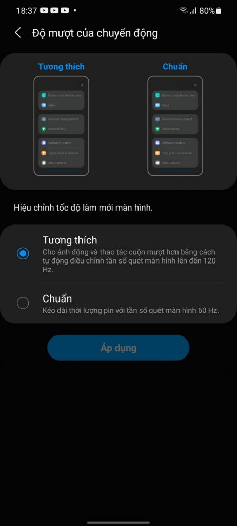 Galaxy S21+ 5G được trang bị tính năng tự động điều chỉnh tốc độ làm tươi (từ 10Hz đến 120Hz)