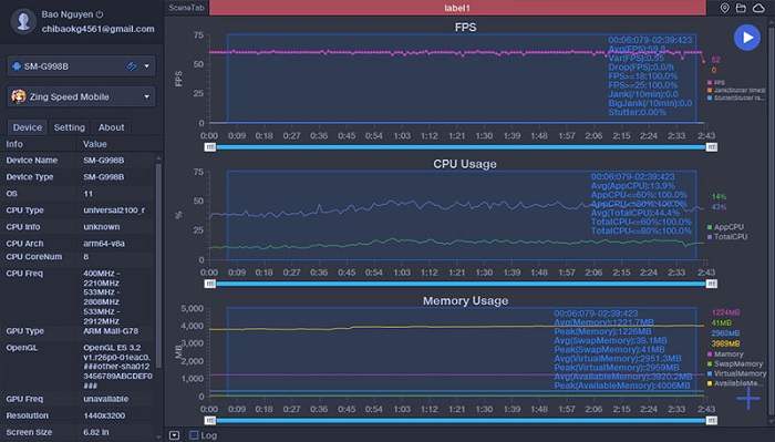 Kết quả đo FPS khi chơi Zing Speed Mobile đạt trung bình 59.8 FPS
