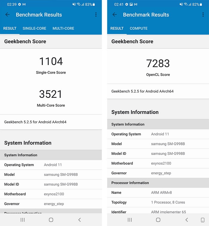 Kết quả hiệu năng Galaxy S21 Ultra 5G qua phần mềm Geekbench 5