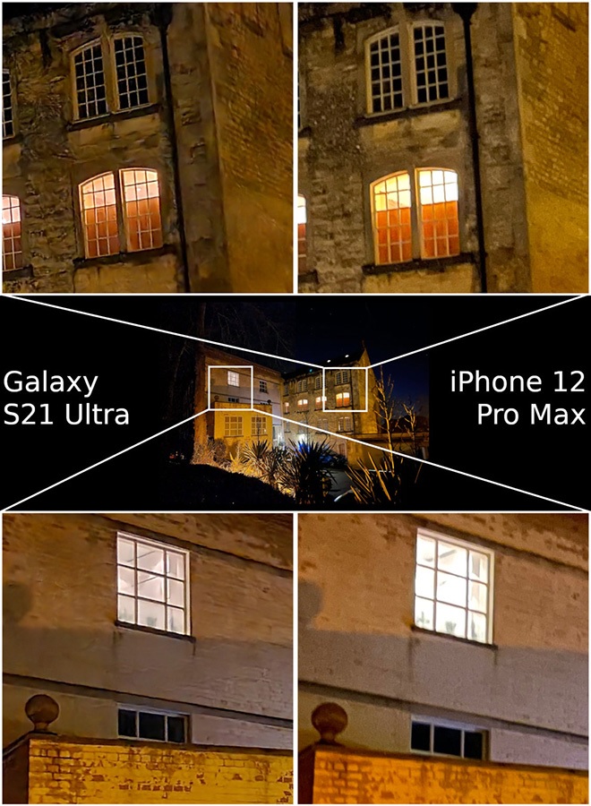 Ảnh chụp qua chế độ ban đêm cắt ra cho thấy iPhone 12 Pro Max có độ chi tiết kém hơn đối thủ