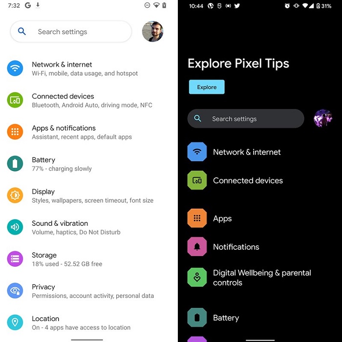 Giao diện cài đặt trên Android 12 Beta