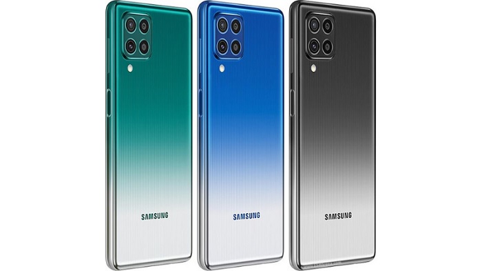 Galaxy F62 mang đến ba tùy chọn màu sắc là Xanhh lá, Xám và Xanh dương