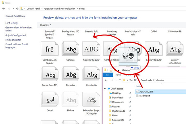 Kéo thả file font từ cửa sổ sang cửa sổ khác 