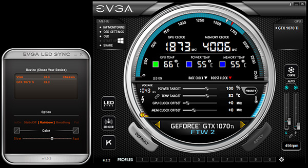 Sử dụng EVGA Precision X người dùng có thể kiểm tra nhanh tốc độ xung nhịp GPU, nhiệt độ hoạt động cũng như điều chỉnh tốc độ quạt gió. 
