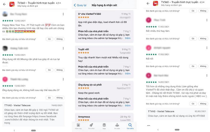 Người dùng đánh giá rất cao ứng dụng TV360 của Viettel