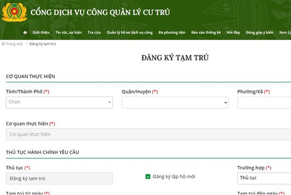 Bảng thông tin khai báo tạm trú.