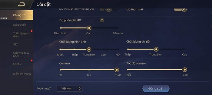 Cài đặt cấu hình trong game Liên Quân
