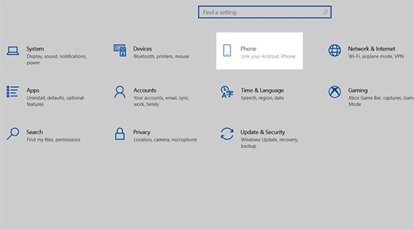 Truy cập vào mục Setting và chọn Phone trên máy tính Windows để kết nối với điện thoại