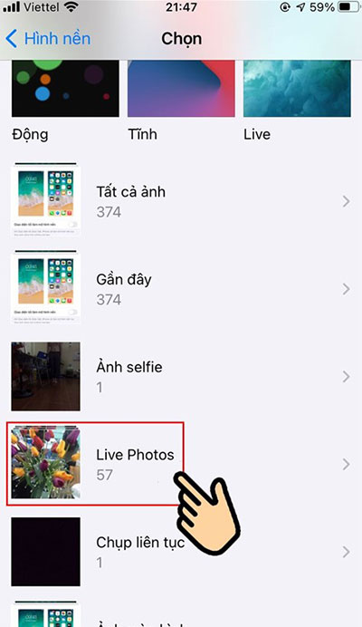 Chọn mục Live Photo