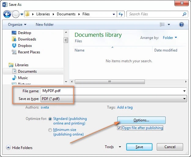Bạn đặt tên cho file PDF cần chia tách và bấm tùy chọn PDF (*.pdf) ở khung Save as type