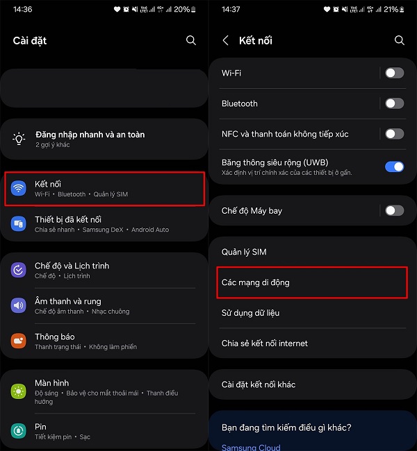 Chọn Các mạng di động