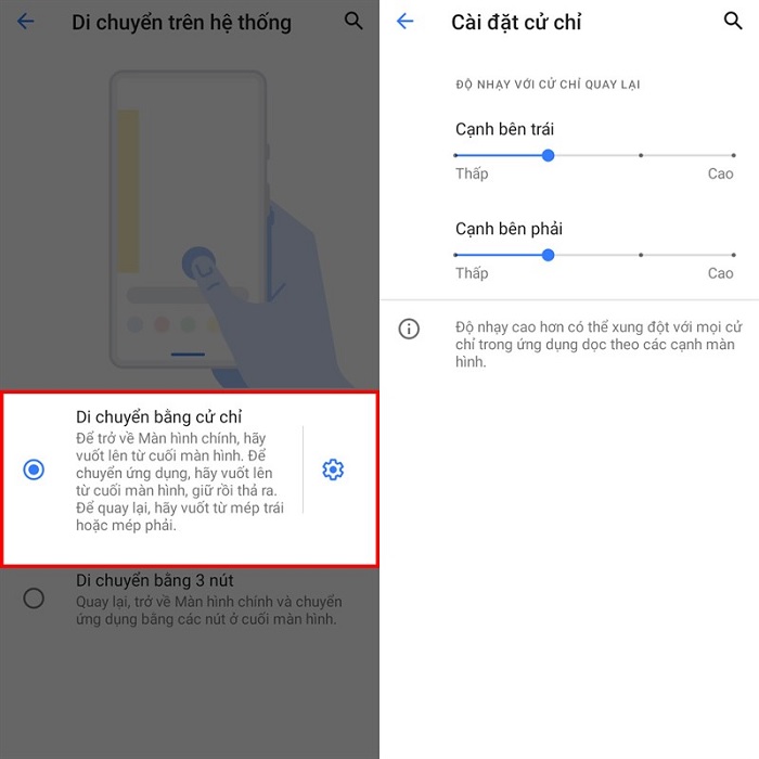Chọn Di chuyển bằng cử chỉ để chuyển qua chế độ sử dụng các cử chỉ điều hướng