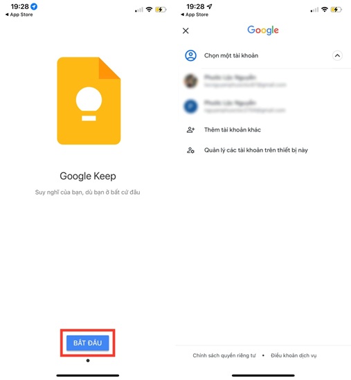 Mở ứng dụng Google Keep và nhấn nút Bắt đầu