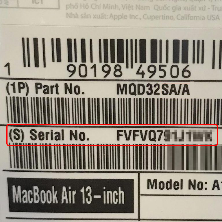 Tra số serial Macbook trên thân hộp 