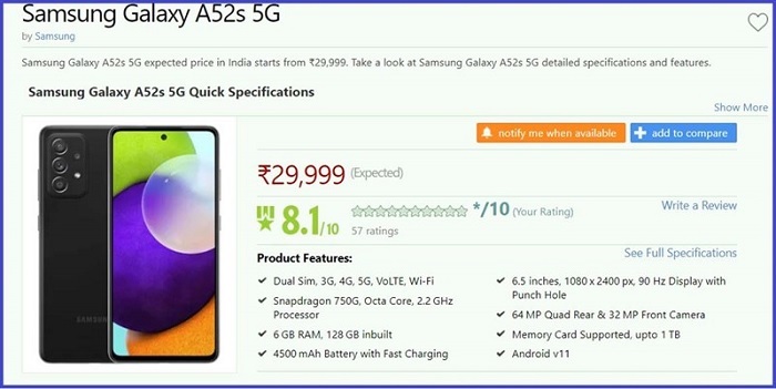 Giá chào bán dự loài kiến của Galaxy A52s 5G
