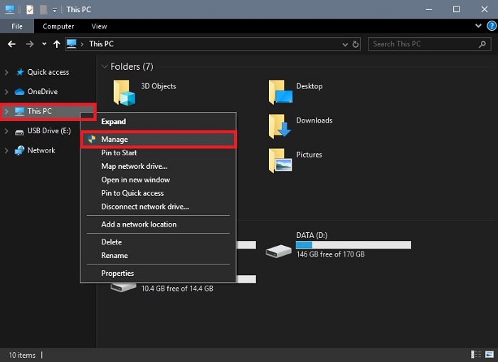 Chọn Manage trong My computer