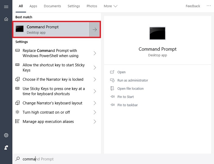 Bạn nhấn vào biểu tượng Windows trên bàn phím và nhập dòng chữ Command Prompt