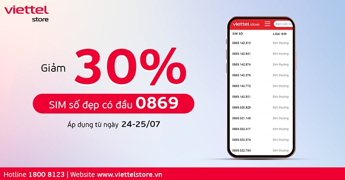 Viettel Store giảm 30% SIM số đẹp có đầu 0869**