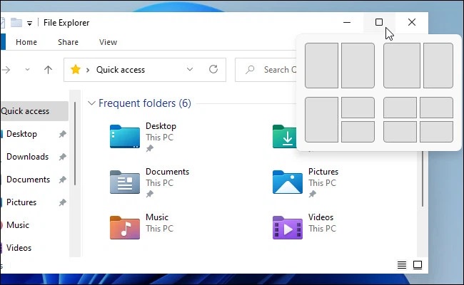 Tính năng Snap Layouts sẽ cung cấp một số tùy chọn bố cục có sẵn giúp người dùng thiết lập các ứng dụng đang mở theo mong muốn