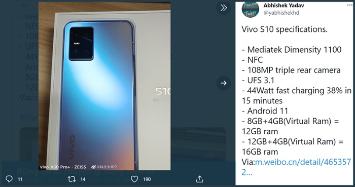 Bài chia sẻ thông tin Vivo S10 của leaker Abhishek Yadav