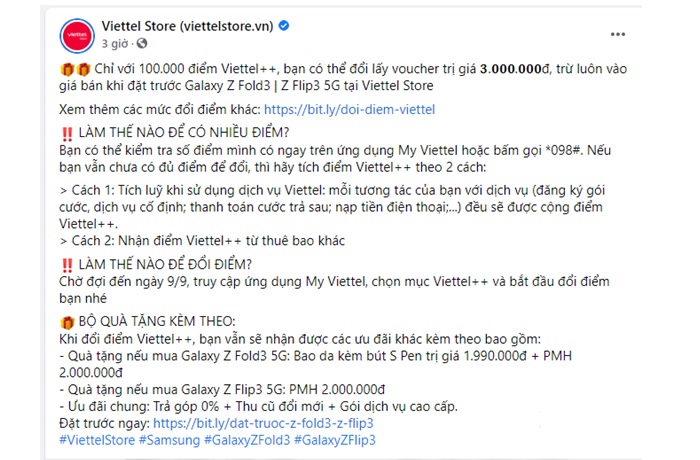 Một bài đăng trên Facebook Viettel Store sử dụng hashtag