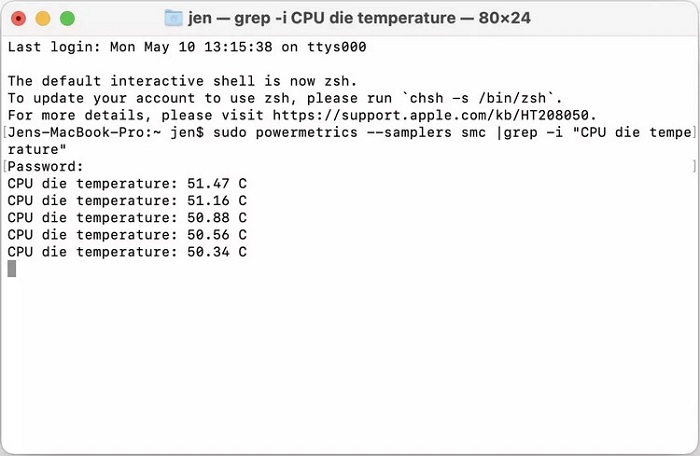 Ứng dụng Terminal sẽ hiển thị chi tiết nhiệt độ CPU của hệ thống cho bạn biết