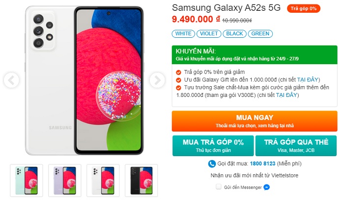 Ưu đãi hấp dẫn khi mua Galaxy A52s tại Viettel Store