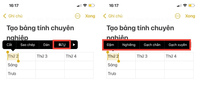 Nhấp đúp vào văn bản trong bảng, chọn nhấn BIU và chọn định dạng mình muốn áp dụng