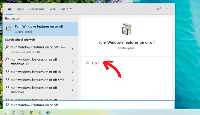 Gõ Turn Windows features on or off vào thanh tìm kiếm