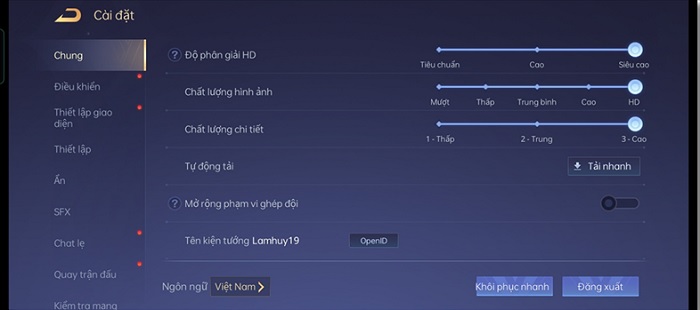 Cài đặt đồ họa game Liên Quân khi test pin OPPO A55