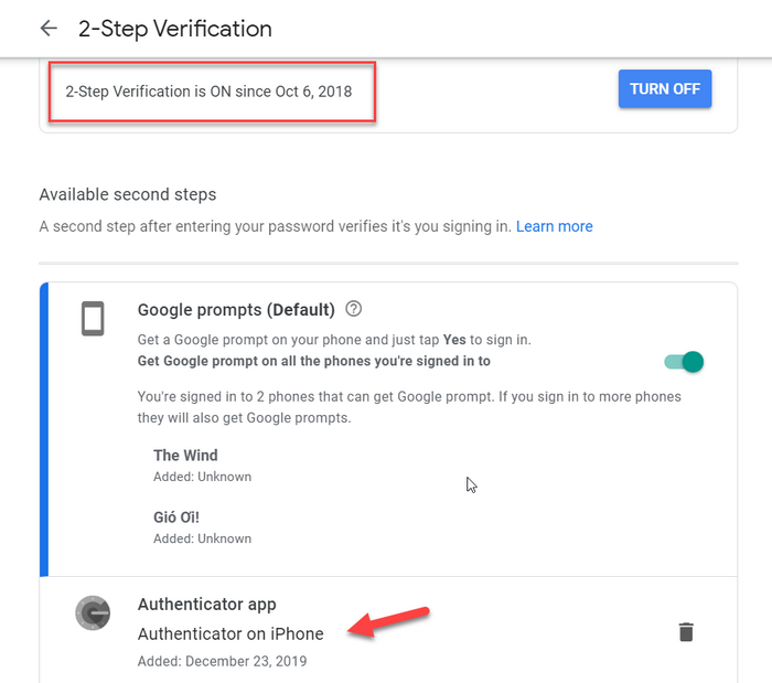 Xác minh hai bước được kích hoạt trên tài khoản Google