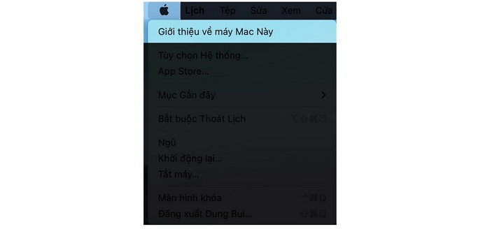 Nhấn vào logo quả Táo và bấm chọn mục Giới thiệu về máy Mac